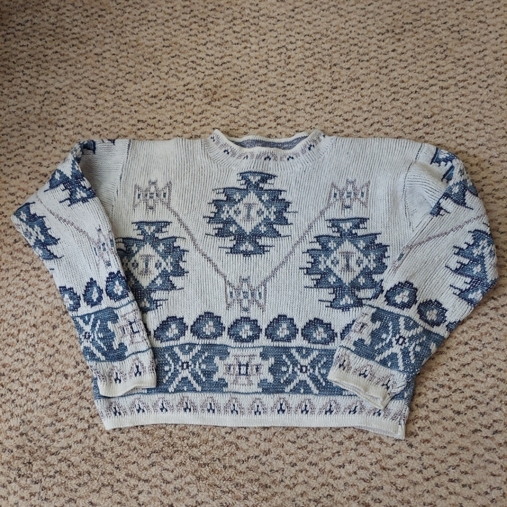 VINTAGE 90s Geometric Aztec Striped Mock Neck Sweater Sz Med Heavy Knit Warm